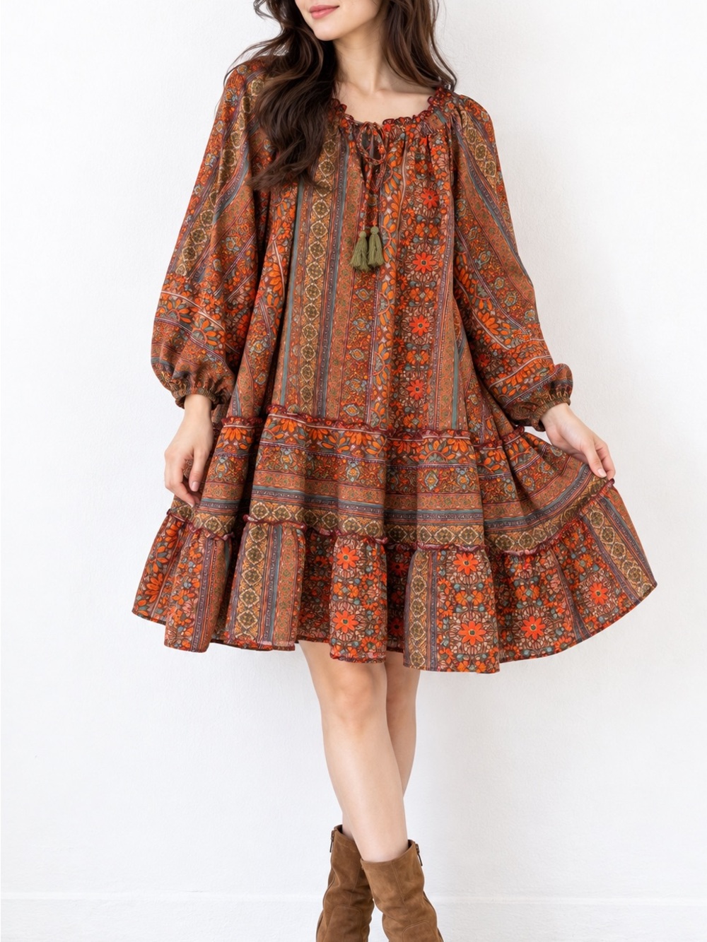 Easel Boho Rust Floral Tiered Midi Dress with Tassel Tie